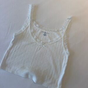 Brandy‎ Melville White Pointelle Lace Trim Tank Top Bow Camisole Cotton One Size